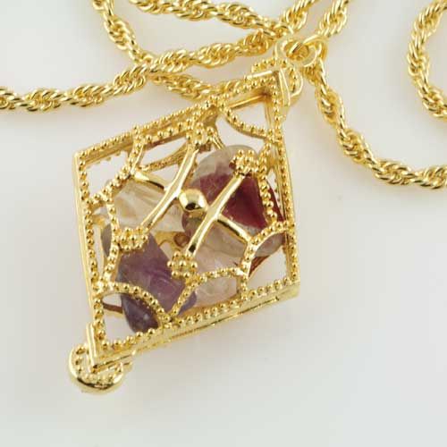 24 14kt Gold Ep Cage Pendant W/ Genuine Gemstones  