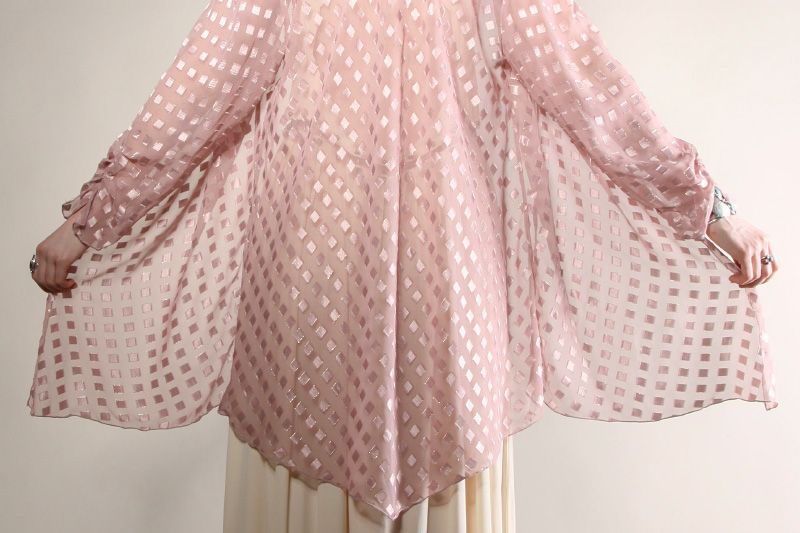 VINTAGE SHEER PINK KIMONO BED JACKET Vtg 90s Boho Festival Chiffon 