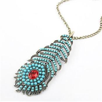 Fashion Retro Peacock Feather Rhinestone Turquoise Tail Pendant 