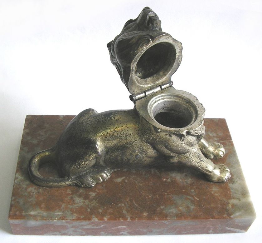 BELFORT LION INKWELL STATUE FRANCE METAL ON MARBLE 1950  