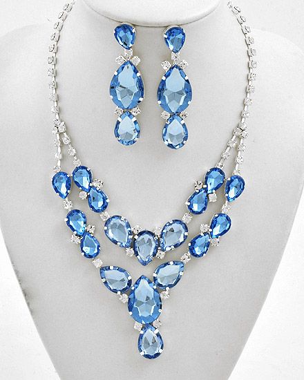 New large Blue clear rhinestone necklace pierced earring set prom 