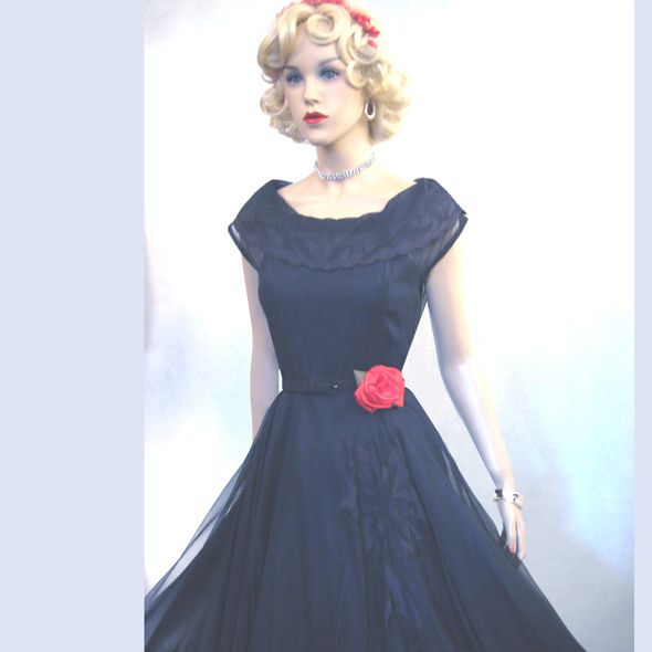 EXQUISITE SHEEREST NAVY SWING DRESS WITH SATIN APPLIQUE EMBELLISHMENTS