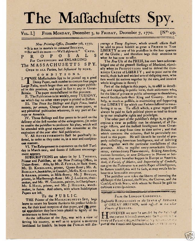 1770 Boston MASSACRE News    Massachusetts Spy paper  