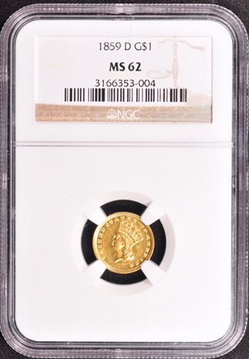 1859 D GOLD G$1 NGC MS 62  