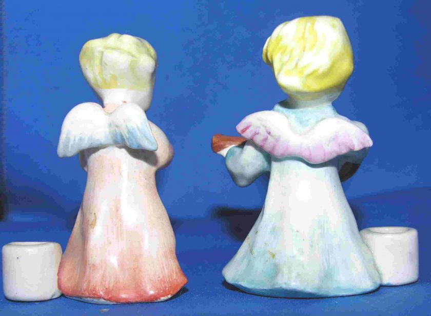   MINIATURE CERAMIC HAND PAINTED XMAS MUSIC ANGEL CANDLEHOLDERS 1920