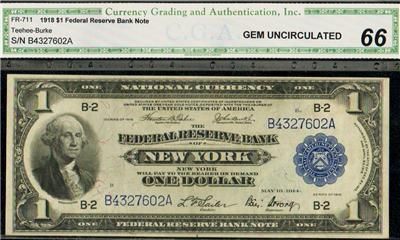   GEM 66 1918 New York Green Eagle $1 National FRBN Fr#711  