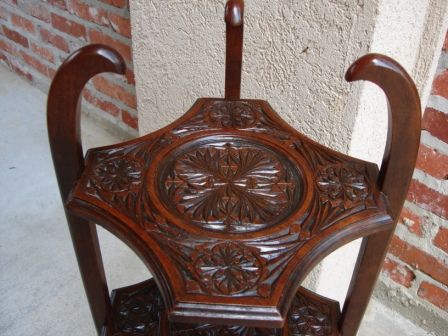 Antique English Carved Wood 3 Tier Muffin Cake Pie Stand Table w Queen 