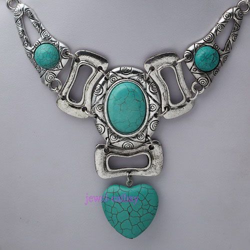 Blue howlite turquoise oval 3pcs Heart carved bead pendant chain 