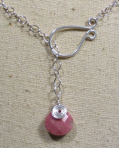 Rhodonite Lariat Silver Wire Wrap Chain Necklace  