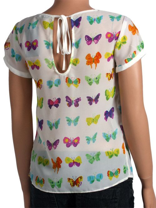 BUTTERFLY PRINT SHORT SLEEVE TIE BACK CHIFFON TOP 2645  