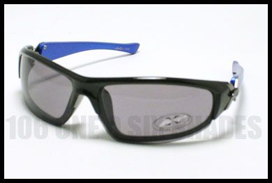 CAR RACING Wrap Around Sunglasses Half Rim Racer BLACK w/ Blue