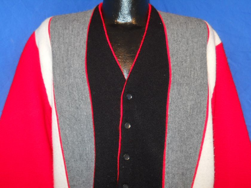 vintage 60S CAMPUS RED BLACK GREY VERTICAL STRIPE CARDIGAN ROCKABILLY 