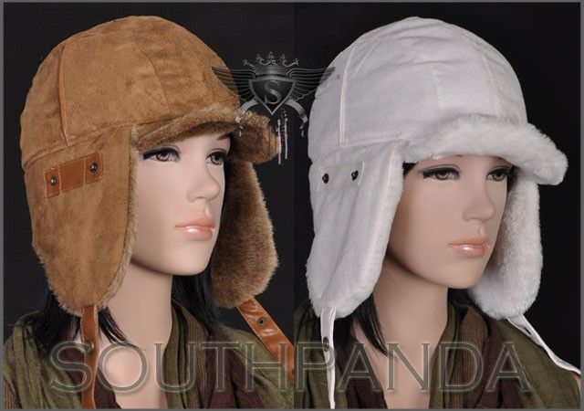 SH White Brown Punk Women Soft Beanie Fur Hat Earflap Airman Bomber 