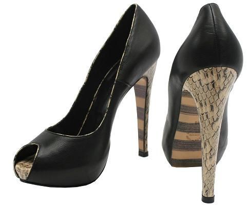 toe pump with beige snake trim on a 5 inch heel 1 inch inside platform 