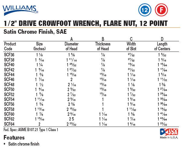 WILLIAMS 1/2 DRIVE 15PC CROWFOOT WRENCH SET, FLARE NUT, 12 PT, Satin 