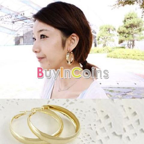 Hot 50mm Pair Golden Tone Round Wider Hoop Ear Wire Earrings  