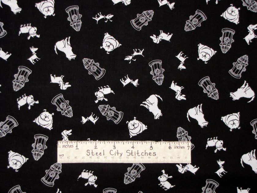   Treasures Dog Puppy Fire Hydrant #C8323 Black White Cotton Fabric BTY