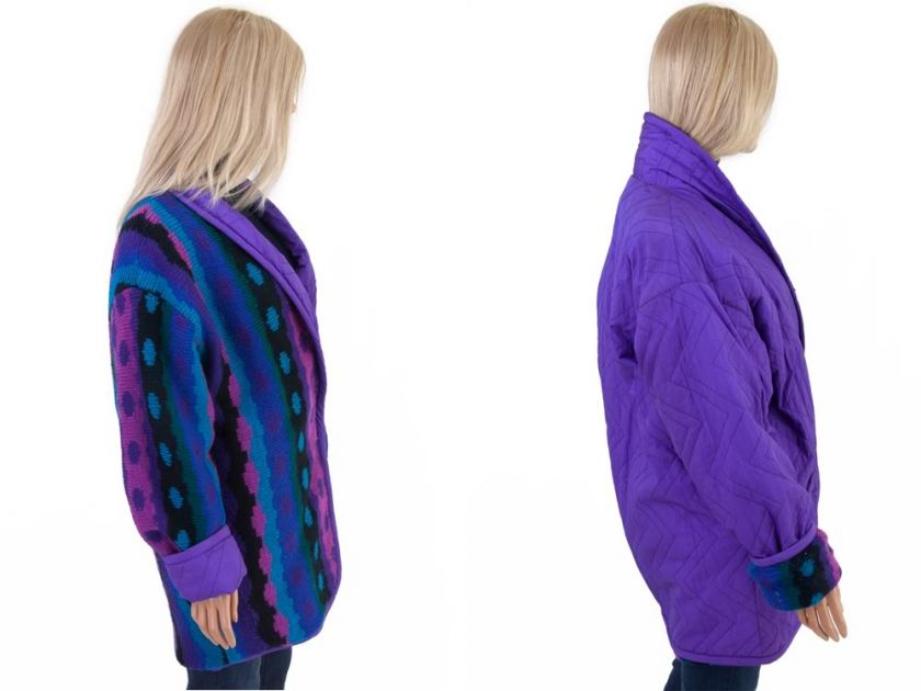 Vtg 80s Retro Graphic Big Puffy SWEATER JACKET Coat Pop Art Purple 