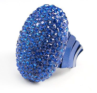 Oval Shape Pave Set Blue Rhinestone Stretch Ring, Ceramic Coating