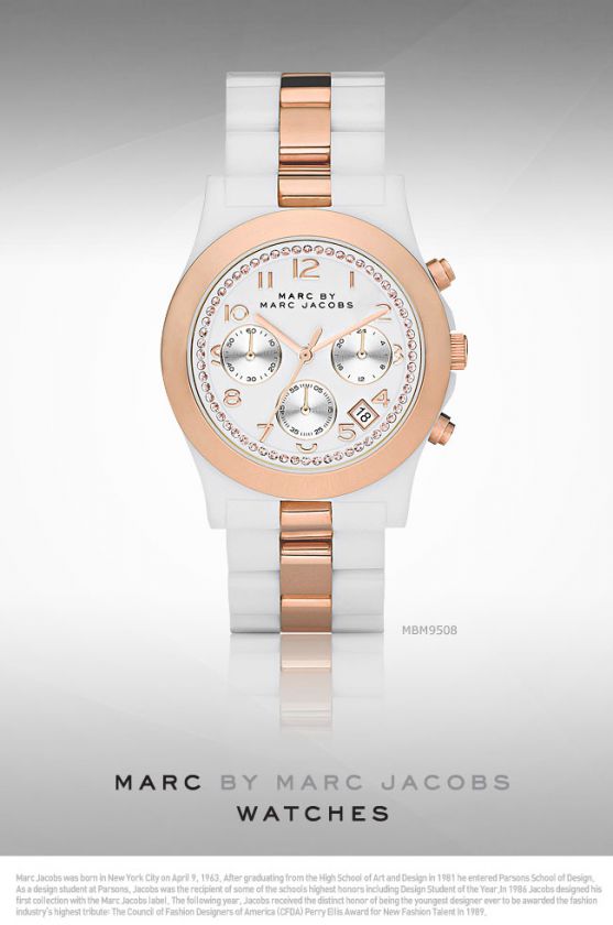 MARC JACOBS DAVE WHITE CERAMIC,ROSE GOLD GLITZ CHRONOGRAPH WATCH 