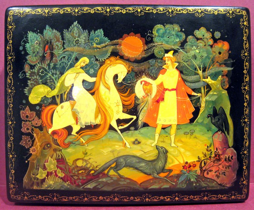   Kholui Russian Lacquer Box Fairy Tale Soviet Era 1970s Gold Horse