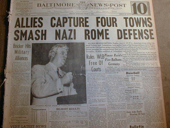 1944 WW II newspaper hdlnes ALLIES CAPTURE ROME Italy from NAZI 