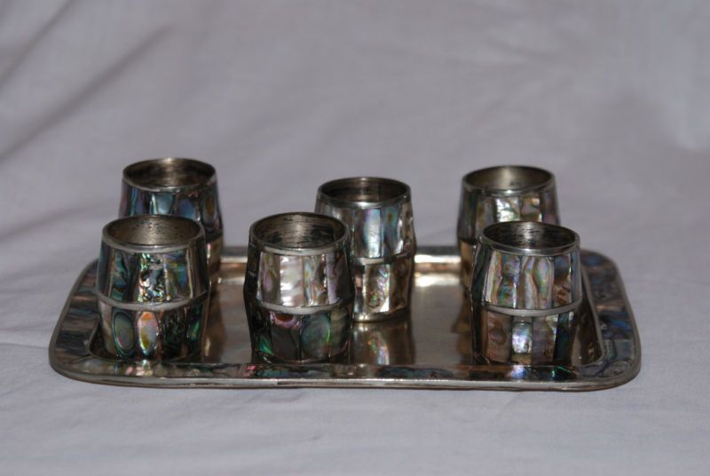 Alpaca Silver and Abalone Cordials w/ Serving Tray  