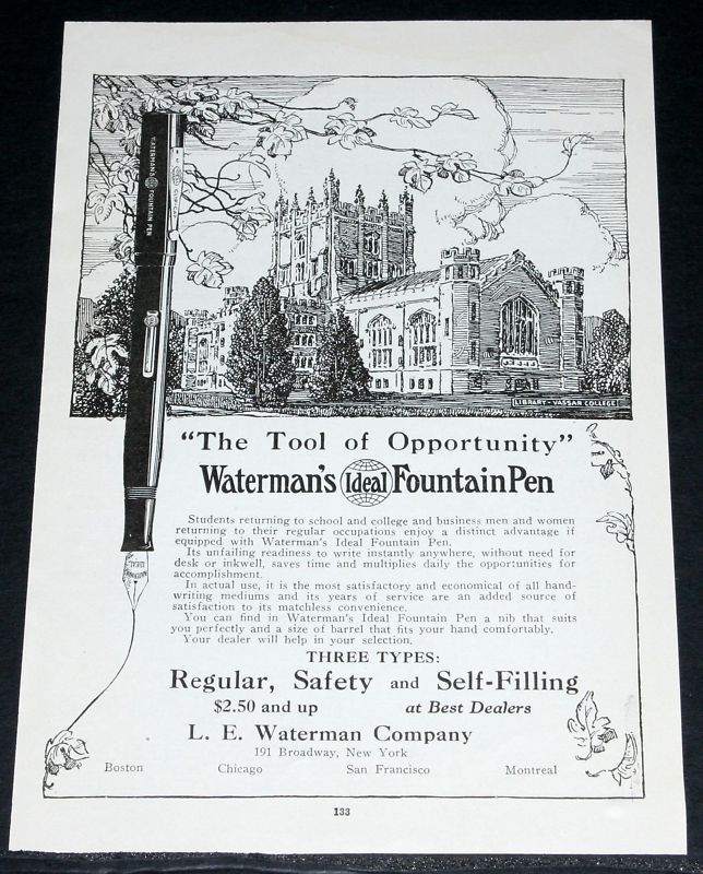   OLD MAGAZINE PRINT AD, WATERMANS FOUNTAIN PEN, VASSAR ART  