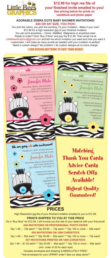 Adorable Zebra Custom Baby Shower Invitations   UPRINT  