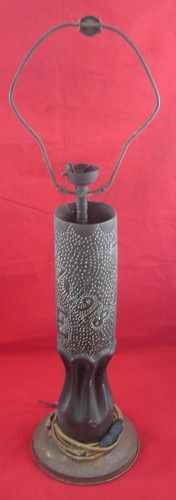 Antique WW I TRENCH ART LAMP Hand Decorated Shell Casing Crimped 