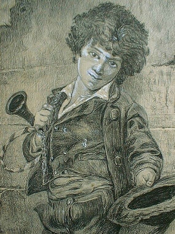 SUPERB PORTRAIT DRAWING c1840 GYPSY BEGGER BOY MONKEY  