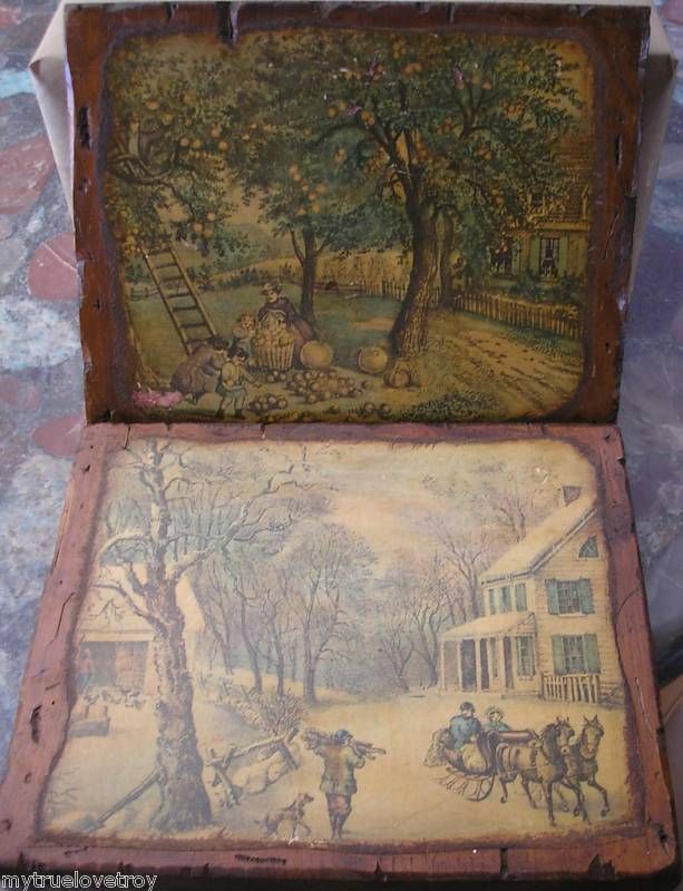 Vintage Currier & Ives Wood Plaques Winter & Autumn  