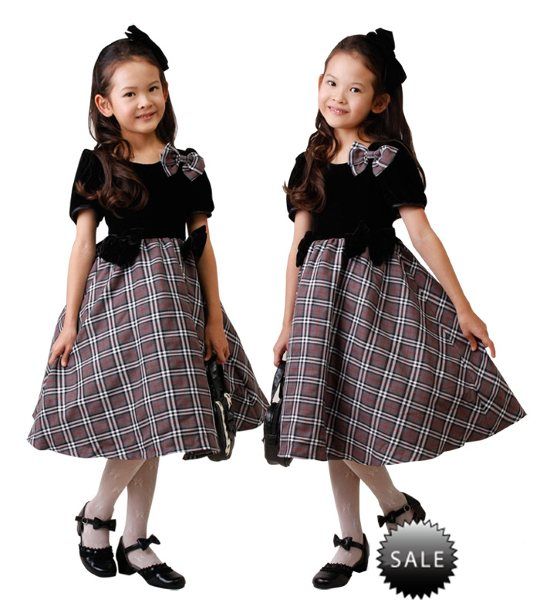 Girls Black Velvet Checked Party Prom Recital Dress  