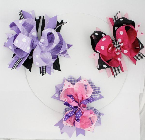 Boutique Hair Bow Purple Pink Black Polka Dot Grosgrain  