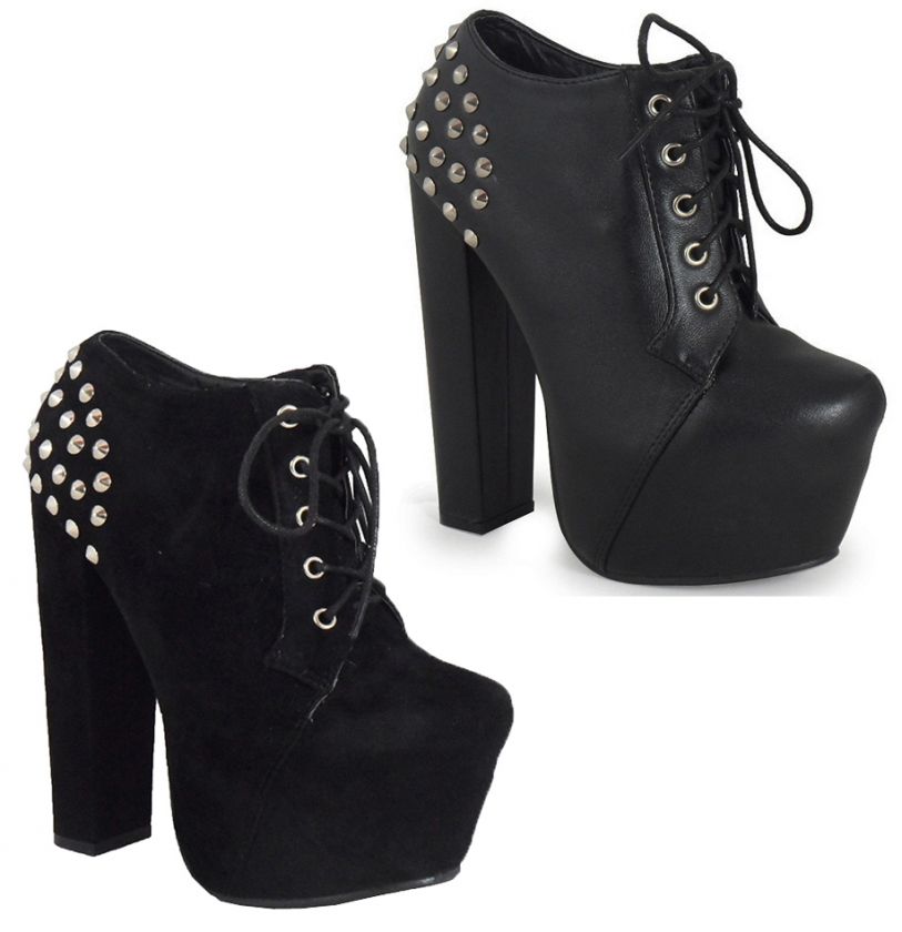 WOMENS LADIES BLACK STUD LACE UP CONCEALED PLATFORM BLOCK HEEL SHOES 