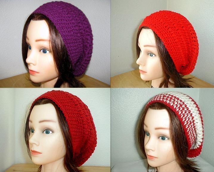 PURPLE RED WHITE Crochet SLOUCHY Beret Tam HATs Knit  