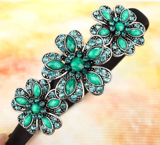 Green gem bloomy flower retro tibet silver headband hairband swarovski 