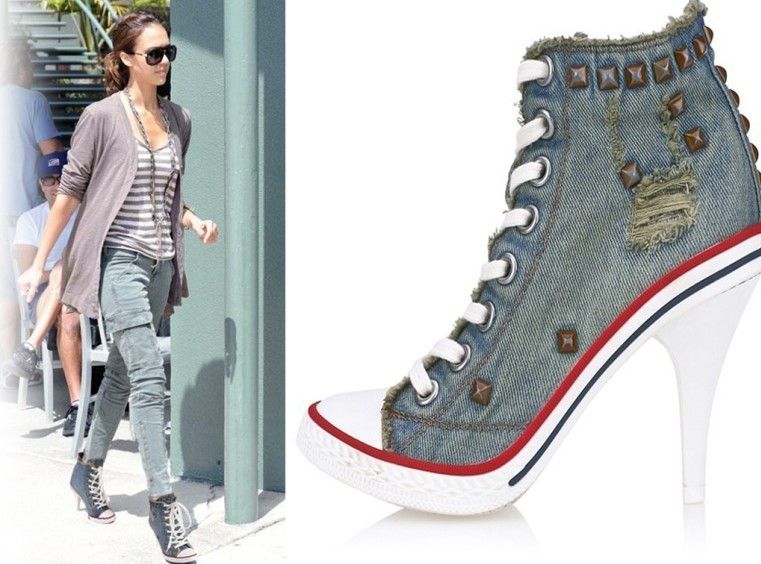 Womens punk Blue Denim Sneakers rivet High Heel Pumps UK3 4 5 6  