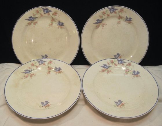 VTG 1920s BLUEBIRD CHINA DINNERWARE~9 DINNER PLATES~SET OF 4~BLUE 