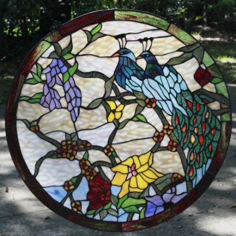 Tiffany Style Stained Glass Window Panel Peacock Pair  