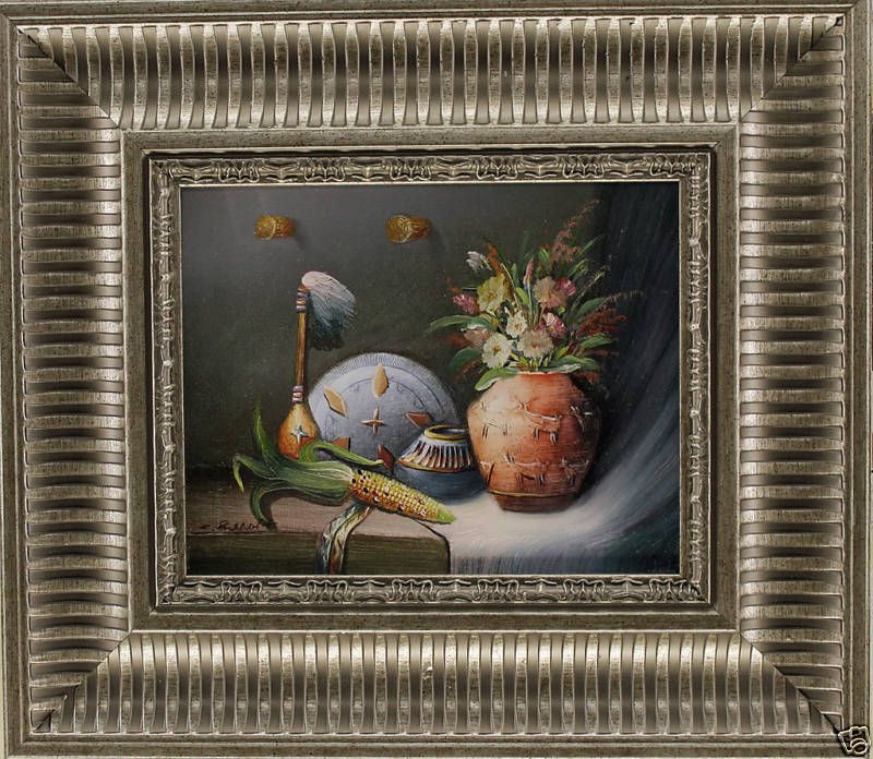 Southwestern Pottery Flowers Corn Still Life art FRAMED OIL PAINTING 