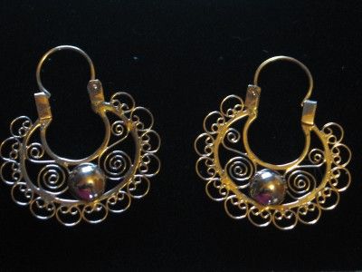   MEXICAN 10K REAL GOLD FILIGREE HOOP DANGLE EARRINGS FRIDA STYLE MEXICO