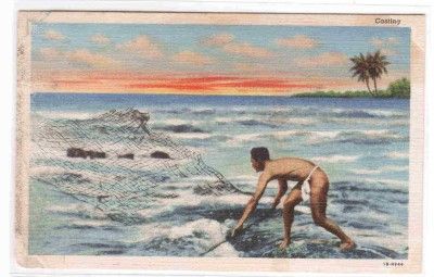 Casting Fish Net Fishing Hawaii linen postcard  