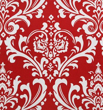 Drapery Upholstery Fabric White on Red Damask Print  