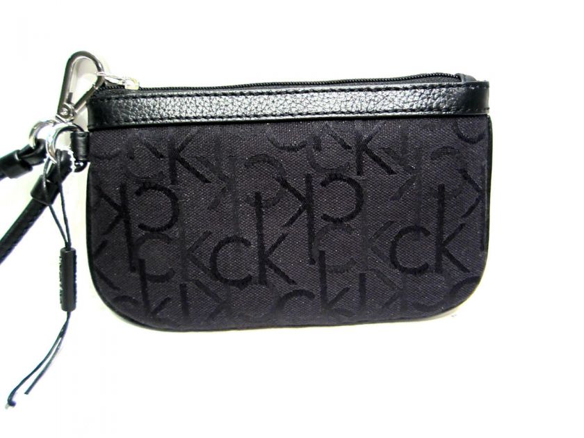 CALVIN KLEIN CK Logo Wristet Black Sparkle Leather Canvas Small Silver 