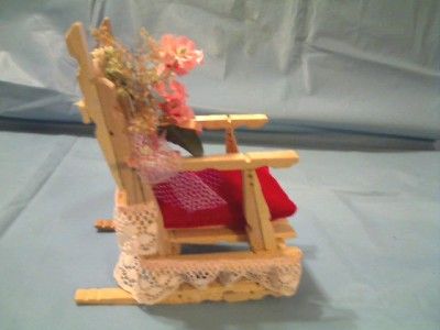 VINTAGE LOOK DOLL CLOTHESPIN ROCKING CHAIR WITH RED VELVET PILLOW 