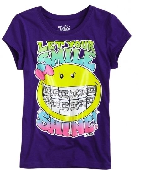 NWT Justice Girls Let Your Smile Shine Braces Glitter Graphic Tee Top 