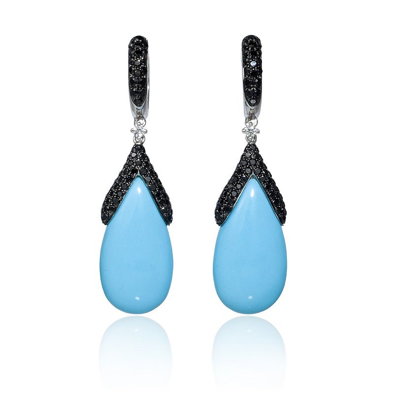 14k White Gold Diamond and Turquoise Dangle Earrings  