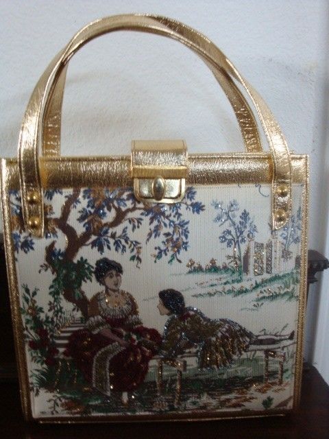 VINTAGE 60S FAYE MELL BEAD GOLD LRG SATCHEL BAG PURSE  