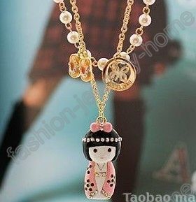 fashion imitate crystal pearl lovely doll gold plated Necklace Pendant 